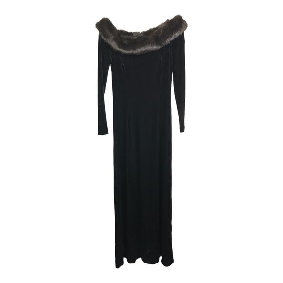 Cachet Dress Women 8 Vintage 80s Maxi Black Faux Fur Stretch Velvet  Long Sleeve - Picture 1 of 10